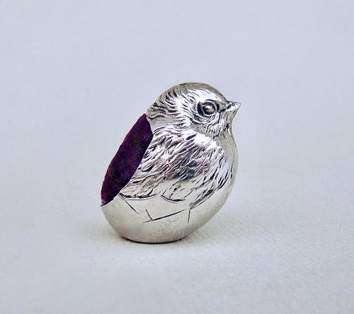 Edwardian silver "hatching chick" pin cushion by Sampson Mordan & Co, Chester 1908 (1 of 5) Edwardian silver "hatching chick" pin cushion by Sampson Mordan & Co, Chester 1908 (1 of 5)