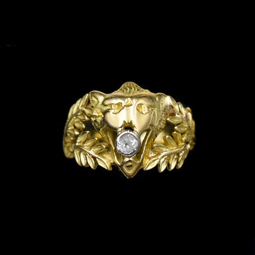 Antique Diamond Lions Head and Laurel Leaf 18ct 18K Yellow Gold Ring (1 of 9)