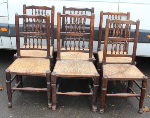 1920's Set 6 Oak Ladderback Dining Chairs with Rush Seats. 4+2 Carvers (1 of 3) 1920's Set 6 Oak Ladderback Dining Chairs with Rush Seats. 4+2 Carvers (1 of 3)