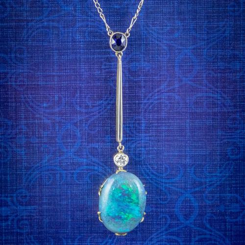 Antique Edwardian 7ct Black Opal Diamond Sapphire Lavaliere Necklace 18ct Gold Platinum Circa 1905 (1 of 8)