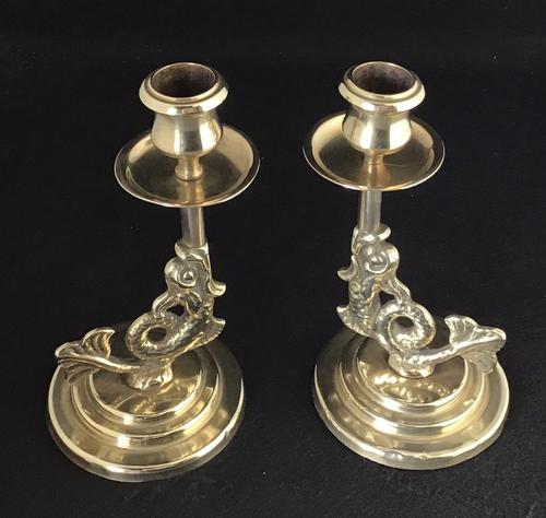 Pair of Antique Serpent Decorated Brass Candlesticks (1 of 5)