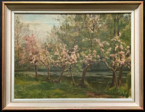 Superb Early 1900s Spring Blossom Riverscape Impressionist Oil Painting (1 of 13)