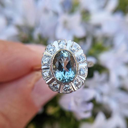 Vintage 18ct Gold Aquamarine & Diamond Cluster Ring, 18k Dress Cocktail Statement (1 of 12)