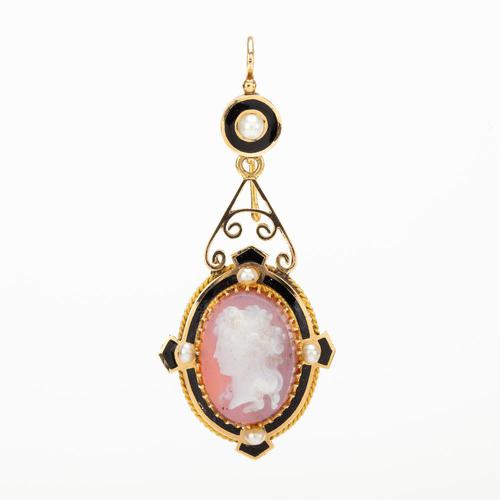 Antique Victorian French Hardstone Cameo Pearl & Enamel Pendant and Earring Suite c.1870 (1 of 11)