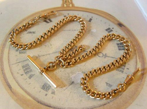 Victorian Pocket Watch Chain 1890s Antique 12ct Rose Rolled Gold Albert & T Bar (1 of 10)