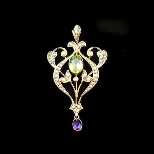 Antique Edwardian Amethyst Peridot & Pearl Lavalier 9ct 9K Yellow Gold Pendant (1 of 8)