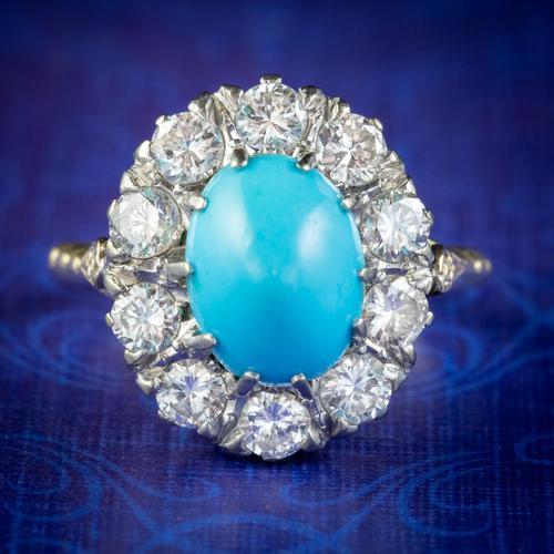 Antique Edwardian Turquoise Diamond Cluster Ring Platinum 18ct Gold 2ct of Diamond c.1905 (1 of 8)