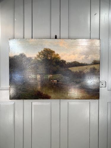 Antique River Landscape Oil Painting with Cows by Bridge Signed W Weir (1 of 10) Antique River Landscape Oil Painting with Cows by Bridge Signed W Weir (1 of 10)