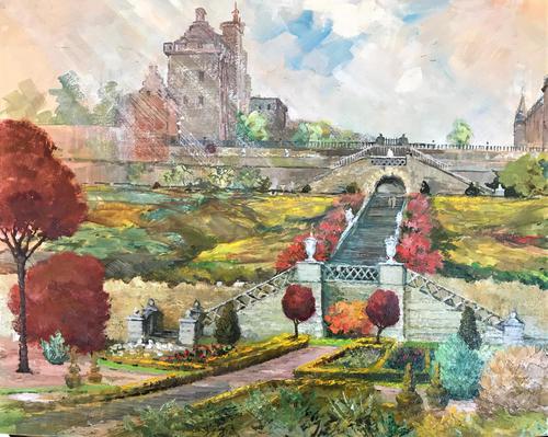 Original oil painting on board A Scottish (?) castle and formal gardens' by Barbara Lady Brassey. 1911-2010. Signed c.1980 (1 of 4) Original oil painting on board A Scottish (?) castle and formal gardens' by Barbara Lady Brassey. 1911-2010. Signed c.1980 (1 of 4)