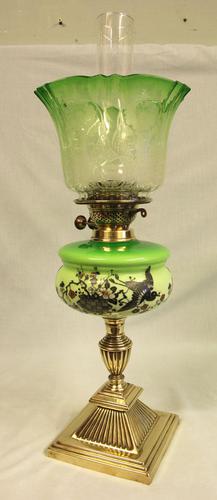 Antique Victorian Green Glass Oil Lamp & Original Frilled Green Shade (1 of 13)