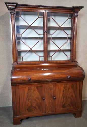 19th Century Figured Mahogany Cylinder Bureau Bookcase (1 of 12)