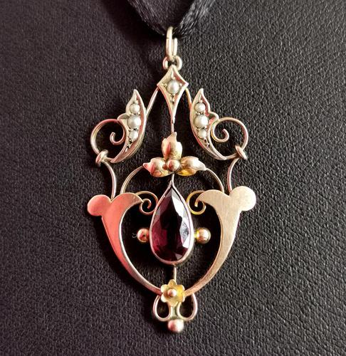 Antique Art Nouveau Pendant, 9ct Gold, Pearl & Garnet (1 of 7)