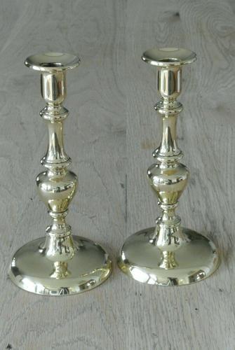 Pair Victorian Brass Candlesticks c.1850-1870 Round Base with Pushers 8.75 Inch (1 of 5)