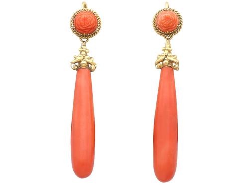 Coral & 20ct Yellow Gold Drop Earrings - Antique c.1830 (1 of 9) Coral & 20ct Yellow Gold Drop Earrings - Antique c.1830 (1 of 9)