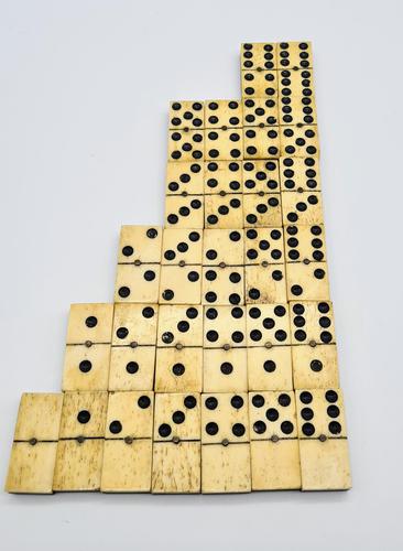 Antique 19th Century Bone & Ebony Double-Six Dominoes W/brass Pins - Complete Set of 28 (1 of 8)