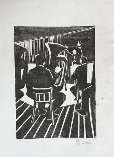 Original woodblock ‘The horn section’ by Richard Walker 1929-2008. C.1955 (1 of 1) Original woodblock ‘The horn section’ by Richard Walker 1929-2008. C.1955 (1 of 1)