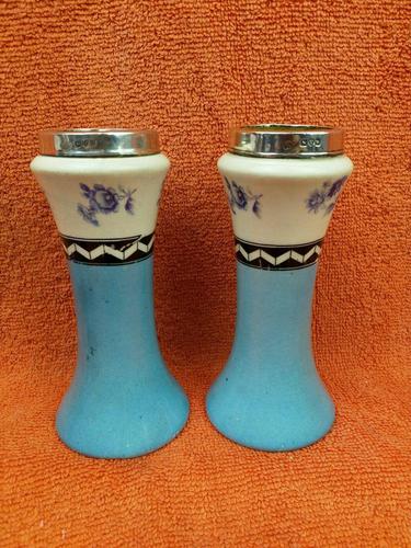 Antique Sterling Silver Hallmarked Topped 1923 Art Deco Ceramic Vases, Chester (1 of 9)