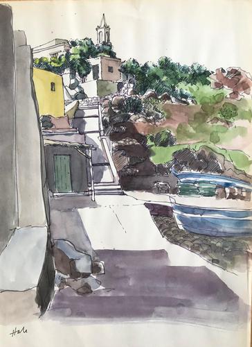 Original Watercolour 'Italian Town on the Mediterranean' by Helen Hale - Signed c.1965 (1 of 1) Original Watercolour 'Italian Town on the Mediterranean' by Helen Hale - Signed c.1965 (1 of 1)