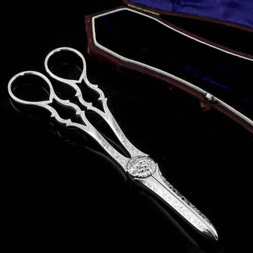 Antique Victorian Solid Silver Grape Scissors with Fine Engravings - John Gilbert 1865 (1 of 13)