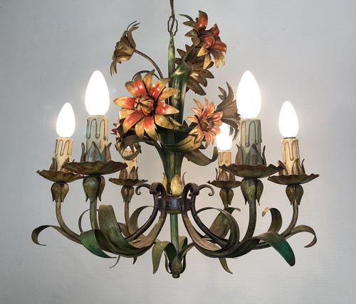 Vintage French 6 Arm Floral Toleware Ceiling Light Chandelier (1 of 11)