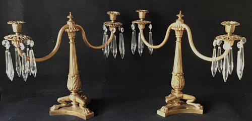 Pair of Good Quality Antique Gilt Brass & Crystal Drop Neo Classical Two Branch Candelabra c.1900 (1 of 8)