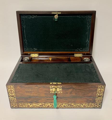 Superb Antique Rosewood Brass Inlaid Writing Slope Box with Double Hinge (1 of 12)