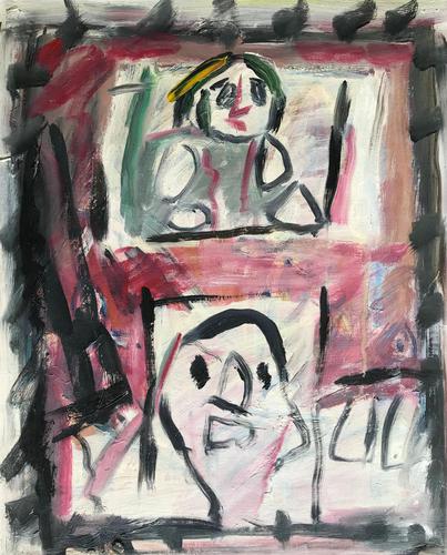 Original oil on paper 'the balcony scene R and J'by Doreen Heaton Potworowski 1930-2014. Initialled and dated 75 (1 of 2) Original oil on paper 'the balcony scene R and J'by Doreen Heaton Potworowski 1930-2014. Initialled and dated 75 (1 of 2)