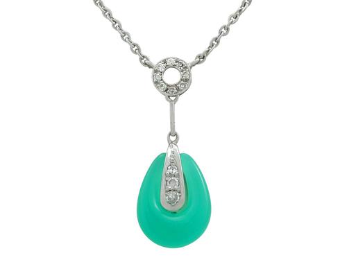 Chrysoprase & 0.18ct Diamond, 14ct White Gold Necklace - Art Deco Style - Vintage c.1950 (1 of 9) Chrysoprase & 0.18ct Diamond, 14ct White Gold Necklace - Art Deco Style - Vintage c.1950 (1 of 9)