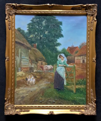 Wonderful Original Signed Vintage Oil Painting - Pretty Milkmaid in Farmyard (1 of 12) Wonderful Original Signed Vintage Oil Painting - Pretty Milkmaid in Farmyard (1 of 12)