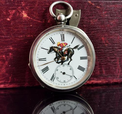 Victorian Silver Pocket Watch, Enamelled, Horse Racing (1 of 10)