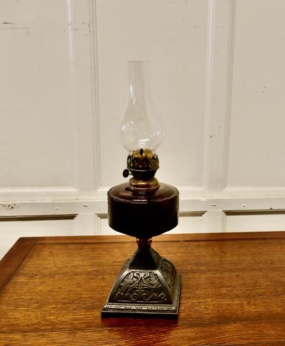 Cranberry Glass Oil Lamp on Decorative Iron Base (1 of 4) Cranberry Glass Oil Lamp on Decorative Iron Base (1 of 4)