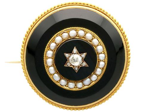 0.41ct Diamond, Pearl & Black Onyx, 18ct Yellow Gold Brooch c.1890 (1 of 9) 0.41ct Diamond, Pearl & Black Onyx, 18ct Yellow Gold Brooch c.1890 (1 of 9)