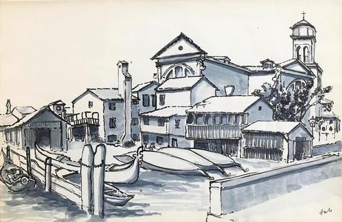 Original watercolour 'Gondola repair dock, Venice' by Helen Hale. ROI. B.1936 Signed. circa 1965. (1 of 1) Original watercolour 'Gondola repair dock, Venice' by Helen Hale. ROI. B.1936 Signed. circa 1965. (1 of 1)