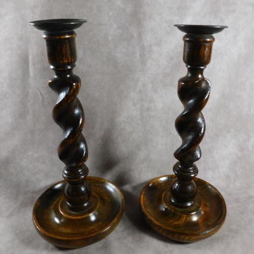 Pair of English Oak Barley Twist Candlesticks (1 of 6)