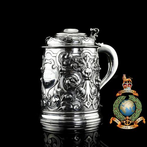 Antique Solid Sterling Silver Large Tankard with Royal Marines Officer Interest - Goldsmiths & Silversmiths Co 1900 (1 of 28)