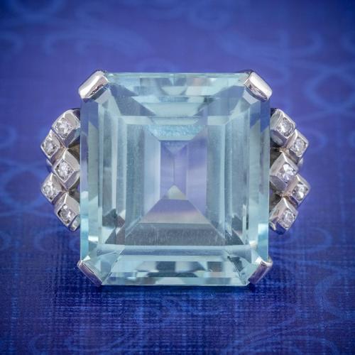 Art Deco Aquamarine Diamond Ring Platinum 25ct Emerald Cut Aqua c 1930 (1 of 5)