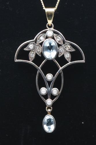 Blue topaz, diamond and seed pearl pendant (1 of 1) Blue topaz, diamond and seed pearl pendant (1 of 1)