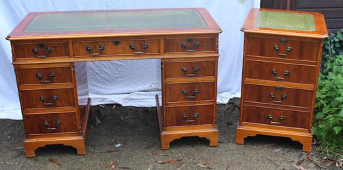 1960s Yew Wood Pedestal Desk with Green Leather Top + Matching Filing Cabinet (1 of 5) 1960s Yew Wood Pedestal Desk with Green Leather Top + Matching Filing Cabinet (1 of 5)