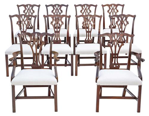 Set of 10 (8+2) Mahogany Georgian Revival Dining Chairs Ribbon Back c.1920-1950 (1 of 10)