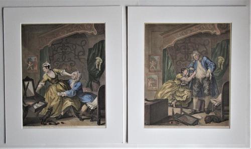 William Hogarth, Pair of Original Prints, Later Hand Colour, Before and After Engraved 1736 (1 of 10) William Hogarth, Pair of Original Prints, Later Hand Colour, Before and After Engraved 1736 (1 of 10)