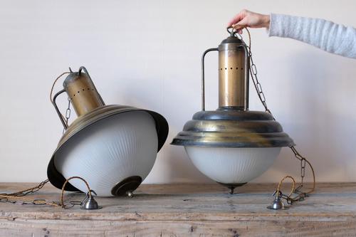 Industrial Style Hanging Lights, Brass With Holophane Glass Shades (1 of 16) Industrial Style Hanging Lights, Brass With Holophane Glass Shades (1 of 16)
