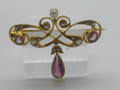 Edwardian 15ct Gold, Pink Tourmaline & Pearl Brooch (1 of 5)