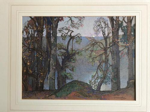 A watercolour by Samuel John Lamorna Birch RA 1869 - 1955 'A lake seen through trees' (1 of 4) A watercolour by Samuel John Lamorna Birch RA 1869 - 1955 'A lake seen through trees' (1 of 4)