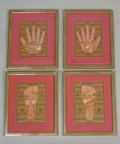 Rare Set of 4 Antique Indian Paintings Palmistry & Solestry (1 of 8)