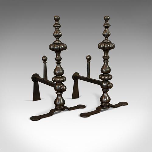 Pair of Antique Decorative Fire Rests, Wrought Iron Fireside Andirons, Victorian (1 of 7)