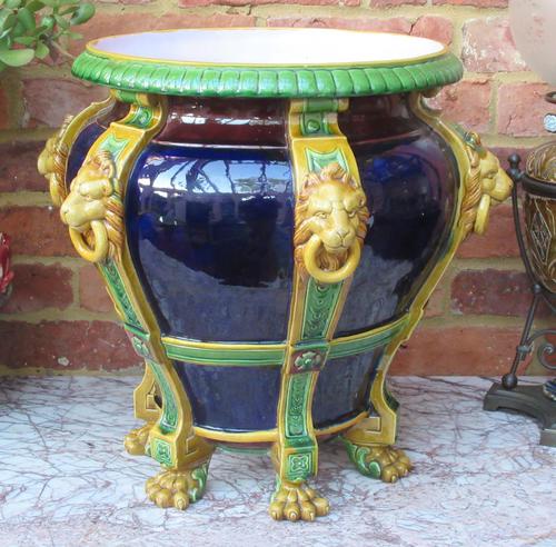 Very large Minton majolica jardiniere, 1881, with lion's head strapwork handles (1 of 12)