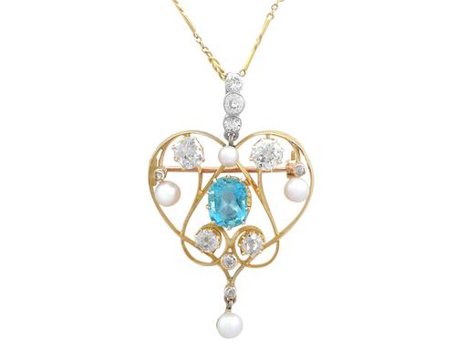 3.22ct Diamond & 2.10 ct Aquamarine, Pearl & 18ct Yellow Gold Pendant / Brooch - Antique Victorian (1 of 9) 3.22ct Diamond & 2.10 ct Aquamarine, Pearl & 18ct Yellow Gold Pendant / Brooch - Antique Victorian (1 of 9)