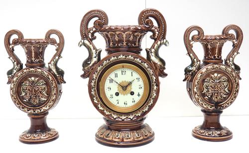 Amazing French 8 Day Majolica Mantle Clock Set Rare Pottery Mantle Clock Set (1 of 11)