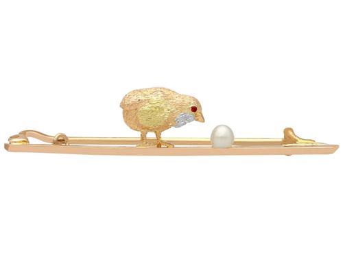 Seed Pearl and Ruby, 15ct Yellow Gold Chick & Egg Bar Brooch - Antique c.1900 (1 of 12) Seed Pearl and Ruby, 15ct Yellow Gold Chick & Egg Bar Brooch - Antique c.1900 (1 of 12)