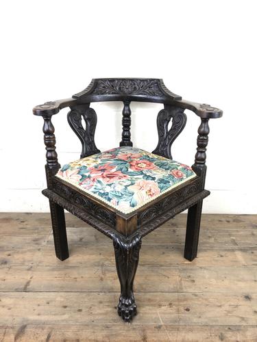 Victorian Carved Oak Corner Chair with Floral Upholstery (1 of 9) Victorian Carved Oak Corner Chair with Floral Upholstery (1 of 9)